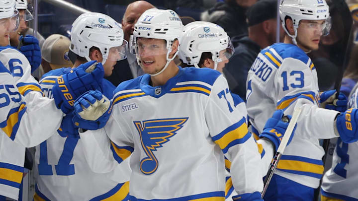 Nov 6, 2025; Buffalo, New York, USA;  St. Louis Blues center Nick Bjugstad (77) celebrates his goal with teammates during the second period against the Buffalo Sabres at KeyBank Center. Mandatory Credit: Timothy T. Ludwig-Imagn Images