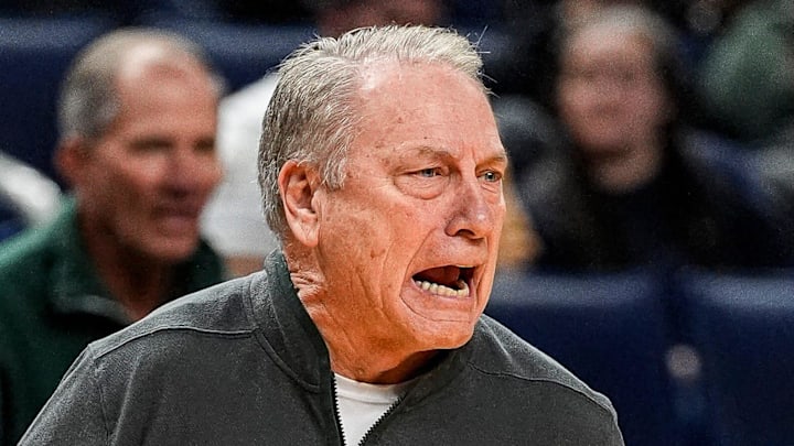Michigan State head coach Tom Izzo reacts to a play against North Dakota State during the first half of NCAA Tournament First Round at KeyBank Center in Buffalo on Thursday, March 19, 2026.
