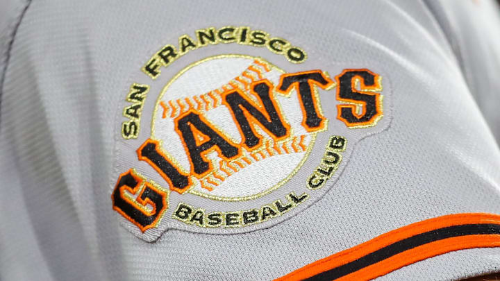 Jul 18, 2023; Cincinnati, Ohio, USA; The San Francisco Giants logo on the sleeve of a baseball player. Jul 18, 2023; Cincinnati, Ohio, USA; The San Francisco Giants logo on the sleeve of a baseball player.