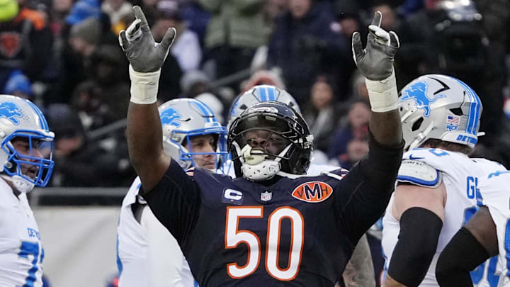 Jan 4, 2026; Chicago, Illinois, USA; Chicago Bears defensive end Grady Jarrett (50) celebrates after a sack against the Detroit Lions during the first half at Soldier Field. Mandatory Credit: David Banks-Imagn Images