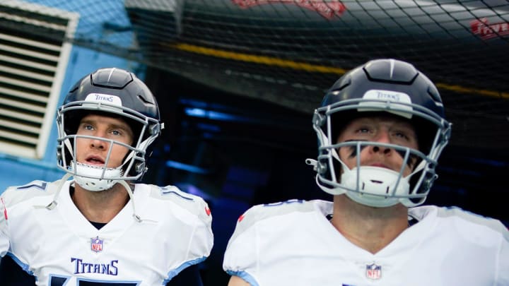 Tennessee Titans quarterbacks Malik Willis (7), Ryan Tannehill (17) and Will Levis (8) head to the field face the Los Angeles Chargers at Nissan Stadium in Nashville, Tenn., Sunday, Sept. 17, 2023.