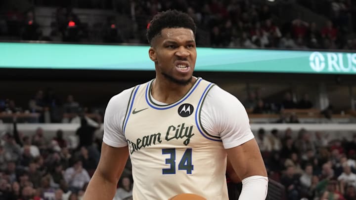 Dec 27, 2025; Chicago, Illinois, USA; Milwaukee Bucks forward Giannis Antetokounmpo (34) reacts after scoring against the Chicago Bulls during the second half at United Center. Mandatory Credit: David Banks-Imagn Images