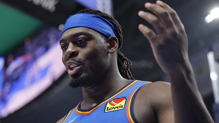 Feb 3, 2026; Oklahoma City, Oklahoma, USA; Oklahoma City Thunder guard Luguentz Dort (5) reacts after a. Play against the Orlando Magic during the second half at Paycom Center. Mandatory Credit: Alonzo Adams-Imagn Images Feb 3, 2026; Oklahoma City, Oklahoma, USA; Oklahoma City Thunder guard Luguentz Dort (5) reacts after a. Play against the Orlando Magic during the second half at Paycom Center. Mandatory Credit: Alonzo Adams-Imagn Images