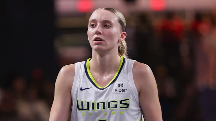 Aug 29, 2025; College Park, Georgia, USA; Dallas Wings guard Paige Bueckers (5) in action against the Atlanta Dream in the fourth quarter at Gateway Center Arena at College Park. Mandatory Credit: Brett Davis-Imagn Images