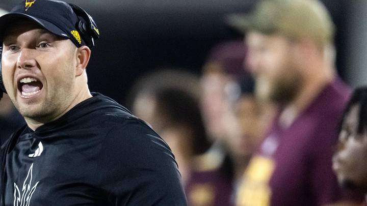 Nov 28, 2025; Tempe, Arizona, USA; Arizona State Sun Devils head coach Kenny Dillingham reacts against the Arizona Wildcats during the 99th Territorial Cup at Mountain America Stadium. Mandatory Credit: Mark J. Rebilas-Imagn Images