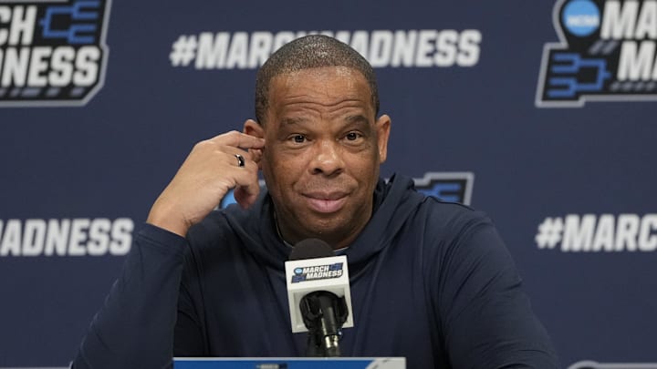 Mar 20, 2024; Charlotte, NC, USA; North Carolina Tar Heels head coach Hubert Davis during a press conference at Spectrum Center. Mandatory Credit: Bob Donnan-Imagn Images