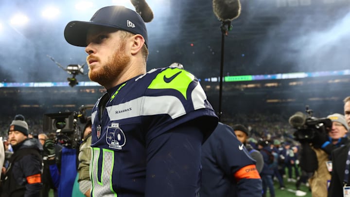 Jan 25, 2026; Seattle, WA, USA; Seattle Seahawks quarterback Sam Darnold (14) looks on after the 2026 NFC Championship Game against the Los Angeles Rams at Lumen Field.