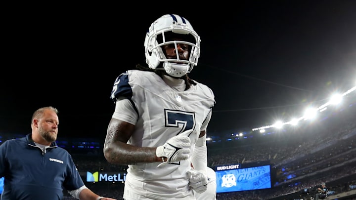 Dallas Cowboys cornerback Trevon Diggs leaves the field after an injury during the fourth quarter against the New York Giants at MetLife Stadium.