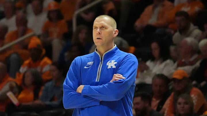 Kentucky basketball coach Mark Pope during the NCAA college basketball game against Tennessee on Tuesday, Jan. 28, 2025, in Knoxville, Tenn.