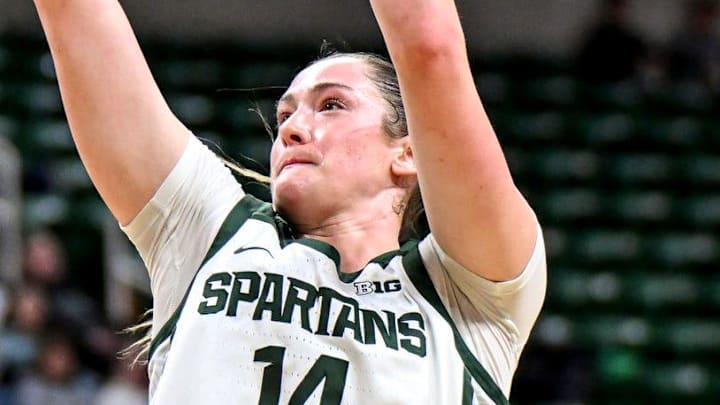 Michigan State's Grace VanSlooten scores against Nebraska during the second quarter on Thursday, Jan. 15, 2026, in East Lansing.