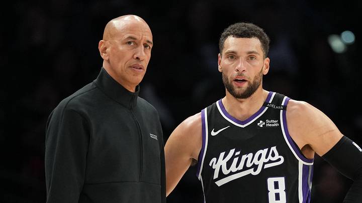 Oct 16, 2026; San Antonio, Texas, USA;  Sacramento Kings Head Coach Doug Christie talks with guard Zach LaVine (8) during the second half against the San Antonio Spurs at Frost Bank Center.  Mandatory Credit: Scott Wachter-Imagn Images