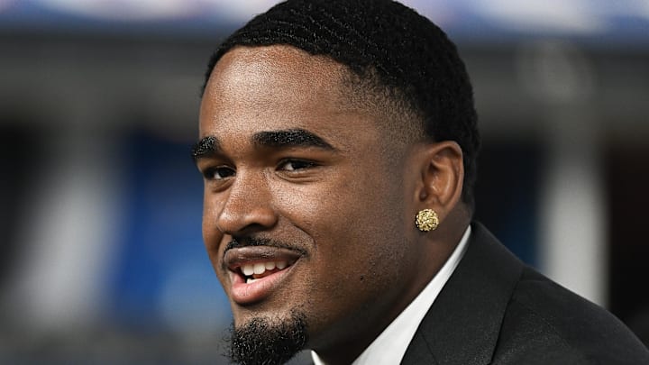 Jul 24, 2024; Indianapolis, IN, USA; USC Trojans safety Kamari Ramsey speaks to the media during the Big 10 football media day at Lucas Oil Stadium. 