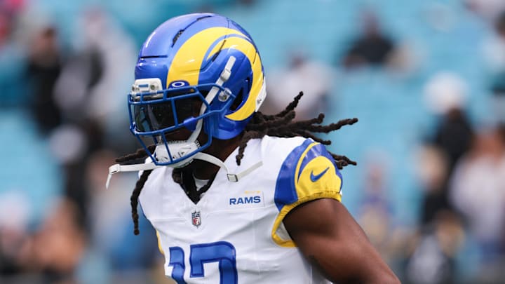 Nov 30, 2025; Charlotte, North Carolina, USA; Los Angeles Rams wide receiver Davante Adams (17) warms up before the game against the Carolina Panthers at Bank of America Stadium. Mandatory Credit: Scott Kinser-Imagn Images Nov 30, 2025; Charlotte, North Carolina, USA; Los Angeles Rams wide receiver Davante Adams (17) warms up before the game against the Carolina Panthers at Bank of America Stadium. Mandatory Credit: Scott Kinser-Imagn Images