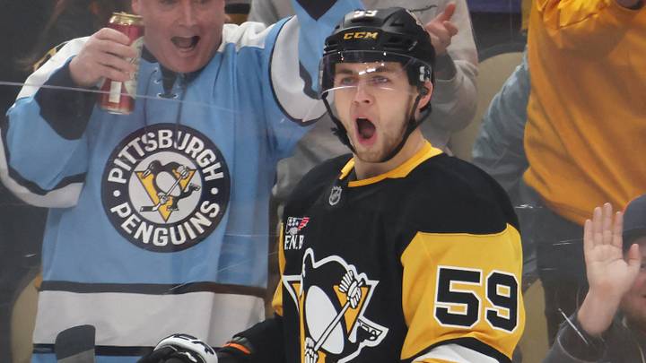 Mar 21, 2026; Pittsburgh, Pennsylvania, USA; Pittsburgh Penguins right wing Egor Chinakhov (59) reacts after scoring a goal against the Winnipeg Jets during the first period at PPG Paints Arena. Mandatory Credit: Charles LeClaire-Imagn Images Mar 21, 2026; Pittsburgh, Pennsylvania, USA; Pittsburgh Penguins right wing Egor Chinakhov (59) reacts after scoring a goal against the Winnipeg Jets during the first period at PPG Paints Arena. Mandatory Credit: Charles LeClaire-Imagn Images