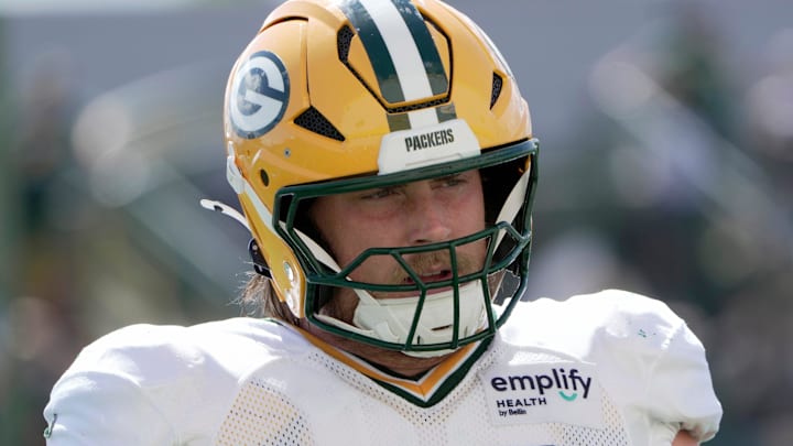 Green Bay Packers offensive tackle Brant Banks (72) is shown during a joint practice with the Seattle Seahawks on Thursday, August 21, 2025, in Green Bay, Wisconsin.