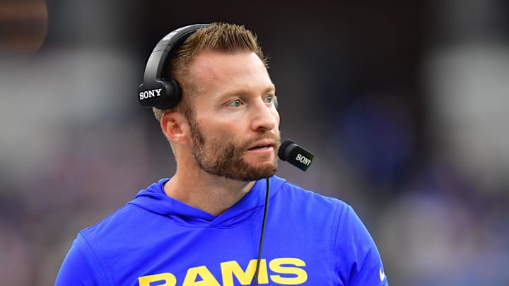 Jan 4, 2026; Inglewood, California, USA;  Los Angeles Rams head coach Sean McVay stands on the sidelines against the Arizona Cardinals during the first half at SoFi Stadium. Mandatory Credit: Gary A. Vasquez-Imagn Images