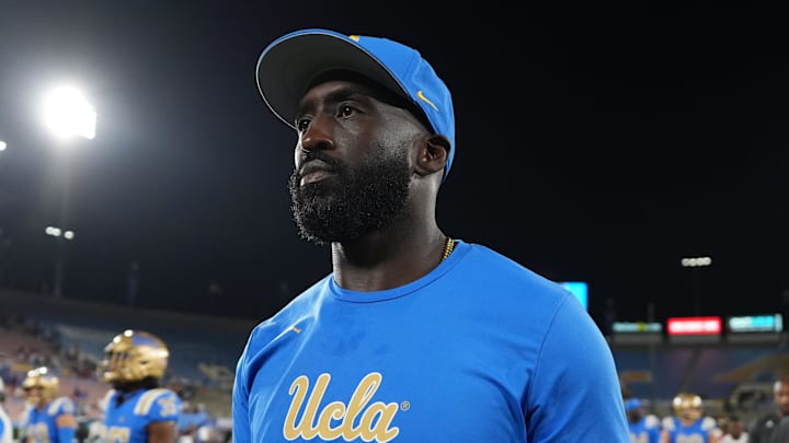 Sep 14, 2024; Pasadena, California, USA; UCLA Bruins head coach DeShaun Foster reacts after the game against the Indiana Hoosiers at Rose Bowl. Mandatory Credit: Kirby Lee-Imagn Images Sep 14, 2024; Pasadena, California, USA; UCLA Bruins head coach DeShaun Foster reacts after the game against the Indiana Hoosiers at Rose Bowl. Mandatory Credit: Kirby Lee-Imagn Images