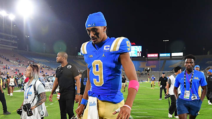 Aug 30, 2025; Pasadena, California, USA; UCLA Bruins quarterback Nico Iamaleava (9) leaves the field following the loss aganst the Utah Utes at Rose Bowl. Mandatory Credit: Gary A. Vasquez-Imagn Images