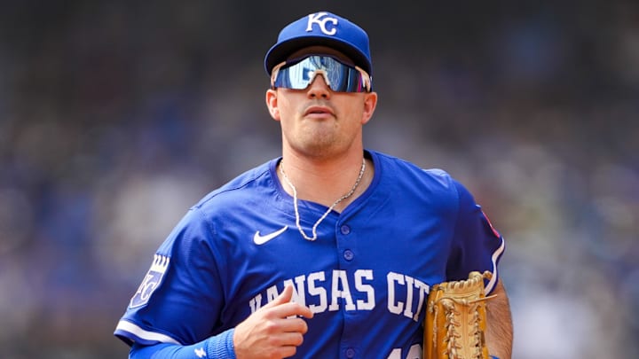 Aug 3, 2025; Toronto, Ontario, CAN; Kansas City Royals outfielder Nick Loftin (12) walks to the dugout at a MLB game against the Toronto Blue Jays at Rogers Centre. Mandatory Credit: Kevin Sousa-Imagn Images