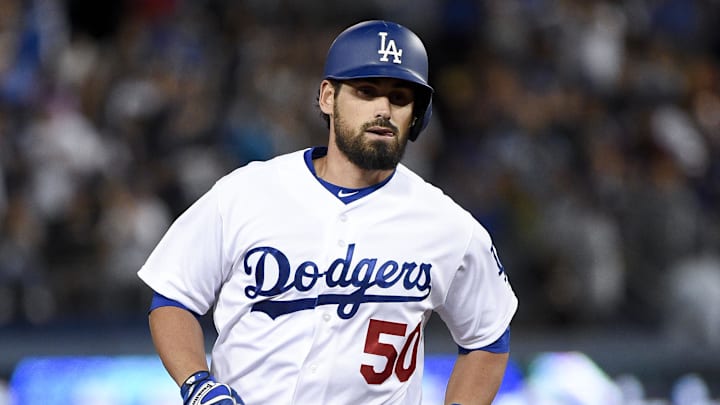 Los Angeles Dodgers center fielder Brett Eibner (50) runs the bases after hitting a two-run home run against the Miami Marlins during the fourth inning at Dodger Stadium. Los Angeles Dodgers center fielder Brett Eibner (50) runs the bases after hitting a two-run home run against the Miami Marlins during the fourth inning at Dodger Stadium.