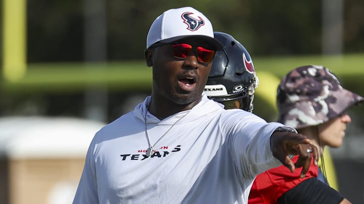Jul 29, 2024; Houston, TX, USA; Houston Texans quarterbacks coach Jerrod Johnson during training camp at Houston Methodist Training Center. Mandatory Credit: Troy Taormina-Imagn Images