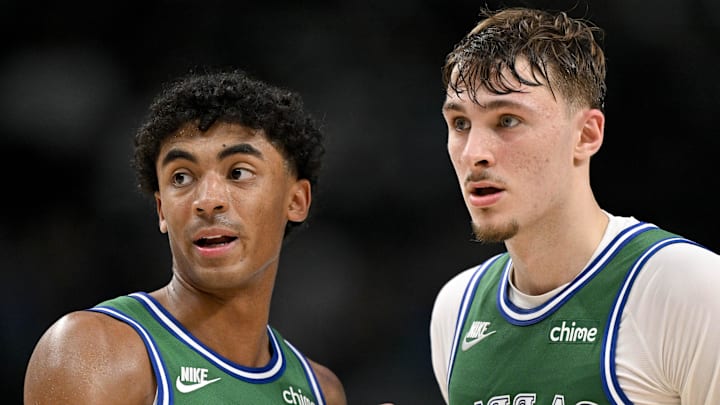 Oct 26, 2025; Dallas, Texas, USA; Dallas Mavericks guard Max Christie (00) talks with forward Cooper Flagg (32) during the second half against the Toronto Raptors at the American Airlines Center. Mandatory Credit: Jerome Miron-Imagn Images Oct 26, 2025; Dallas, Texas, USA; Dallas Mavericks guard Max Christie (00) talks with forward Cooper Flagg (32) during the second half against the Toronto Raptors at the American Airlines Center. Mandatory Credit: Jerome Miron-Imagn Images