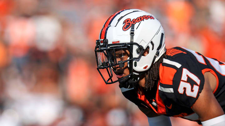 Oregon State Beavers defensive back Andre Jordan Jr. (27) prepares for the play during the second half of the game against Idaho State on Saturday, Aug. 31, 2024 at Reser Stadium in Corvallis, Ore.