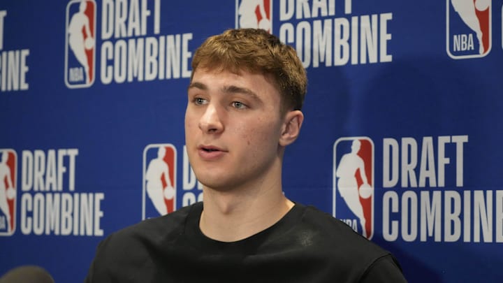 May 14, 2025; Chicago, Il, USA; Cooper Flagg talks to the media during the 2025 NBA Draft Combine at Marriott Marquis Chicago. Mandatory Credit: David Banks-Imagn Images