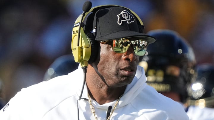 Oct 7, 2023; Tempe, Arizona, USA; Colorado Buffaloes head coach Deion Sanders walks the sidelines as his team takes on the ASU Sun Devils at Mountain America Stadium.