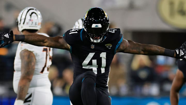 Jacksonville Jaguars linebacker Josh Allen (41) celebrates a sack during the first quarter of a regular season NFL football matchup Monday, Dec. 4, 2023 at EverBank Stadium in Jacksonville, Fla. The Cincinnati Bengals defeated the Jacksonville Jaguars 34-31 in overtime. [Corey Perrine/Florida Times-Union]