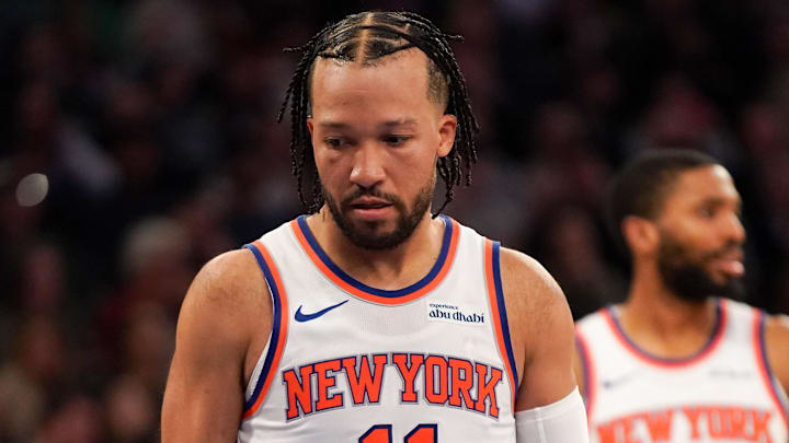 Apr 9, 2026; New York, New York, USA; New York Knicks guard Jalen Brunson (11) reacts during the fourth quarter against the Boston Celtics at Madison Square Garden. Mandatory Credit: Lucas Boland-Imagn Images