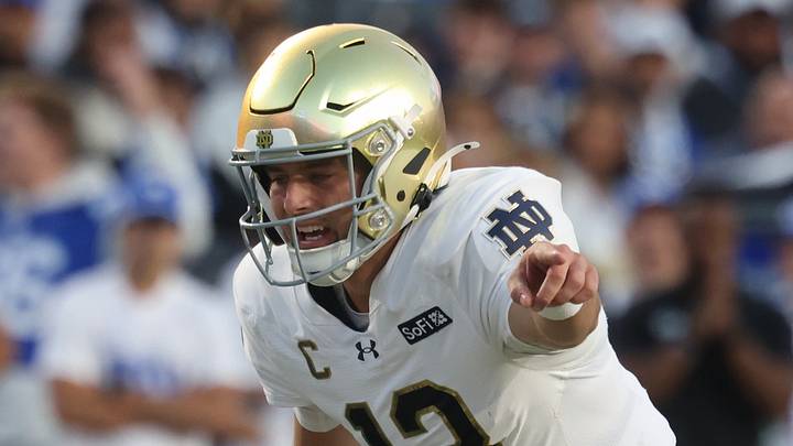 Oct 17, 2026; Provo, Utah, USA; Notre Dame Fighting Irish quarterback CJ Carr (13) calls a play against the Brigham Young Cougars during the first half at LaVell Edwards Stadium. Oct 17, 2026; Provo, Utah, USA; Notre Dame Fighting Irish quarterback CJ Carr (13) calls a play against the Brigham Young Cougars during the first half at LaVell Edwards Stadium.