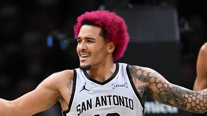 Jan 10, 2026; Boston, Massachusetts, USA; San Antonio Spurs forward Jeremy Sochan (10) reacts after being called for a foul during the first half of a game against the Boston Celtics at the TD Garden. Mandatory Credit: Brian Fluharty-Imagn Images