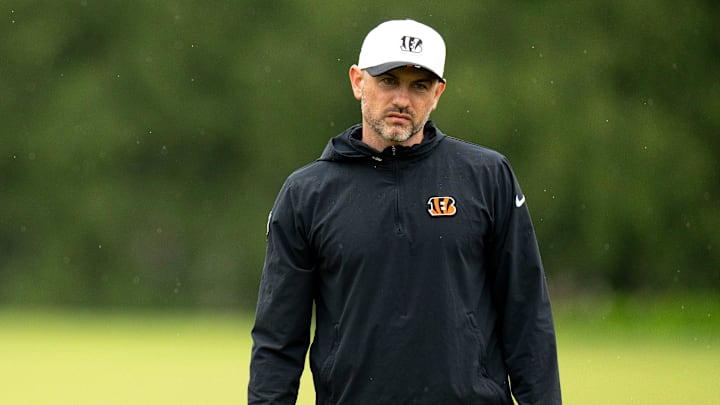 Cincinnati Bengals offensive coordinator Dan Pitcher looks on during the Cincinnati Bengals practice in Cincinnati on Tuesday, May 27, 2025.