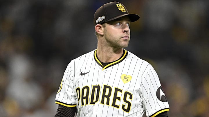 Oct 1, 2024; San Diego, California, USA; San Diego Padres pitcher Michael King (34) walks off the field after the sixth inning against the Atlanta Braves in game one of the Wildcard round for the 2024 MLB Playoffs at Petco Park Oct 1, 2024; San Diego, California, USA; San Diego Padres pitcher Michael King (34) walks off the field after the sixth inning against the Atlanta Braves in game one of the Wildcard round for the 2024 MLB Playoffs at Petco Park