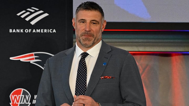 Jan 13, 2025; Foxborough, MA, USA; Mike Vrabel listens as New England Patriots owner Robert Kraft (not photographed) introduces him to the media as the new head coach of the New England Patriots at Gillette Stadium. Mandatory Credit: Eric Canha-Imagn Images