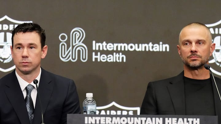 Feb 10, 2026; Henderson, NV, USA; Las Vegas Raiders coach Klint Kubiak (left) and general manager John Spytek at introductory press conference at Intermountain Health Performance Center. Mandatory Credit: Kirby Lee-Imagn Images Feb 10, 2026; Henderson, NV, USA; Las Vegas Raiders coach Klint Kubiak (left) and general manager John Spytek at introductory press conference at Intermountain Health Performance Center. Mandatory Credit: Kirby Lee-Imagn Images