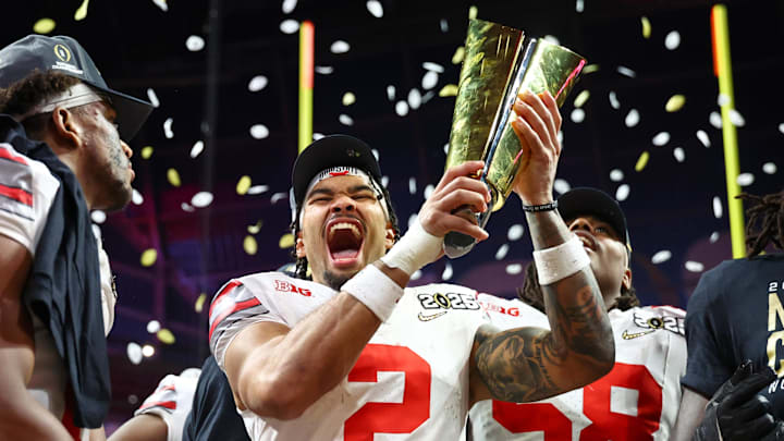 Jan 20, 2025; Atlanta, GA, USA; Ohio State Buckeyes wide receiver Emeka Egbuka (2) celebrates after winning against the Notre Dame Fighting Irish in the CFP National Championship college football game at Mercedes-Benz Stadium. Mandatory Credit: Mark J. Rebilas-Imagn Images