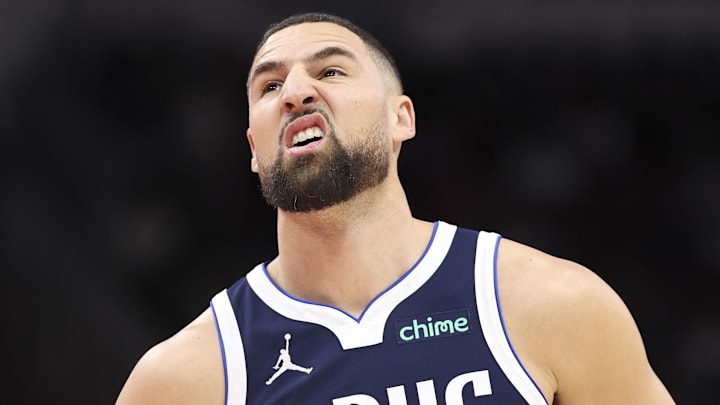 Jan 31, 2026; Houston, Texas, USA; Dallas Mavericks guard Klay Thompson (31) reacts after a play during the first quarter against the Houston Rockets at Toyota Center. Mandatory Credit: Troy Taormina-Imagn Images Jan 31, 2026; Houston, Texas, USA; Dallas Mavericks guard Klay Thompson (31) reacts after a play during the first quarter against the Houston Rockets at Toyota Center. Mandatory Credit: Troy Taormina-Imagn Images