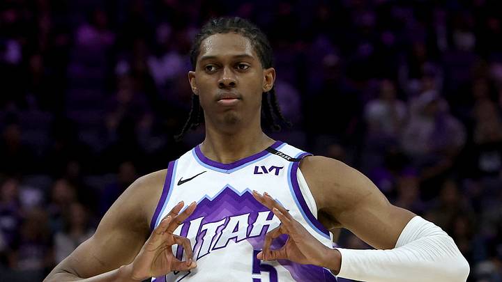 Mar 15, 2026; Sacramento, California, USA; Utah Jazz forward Cody Williams (5) reacts towards his bench after making a three-point basket against the Sacramento Kings during the fourth quarter at Golden 1 Center. Mandatory Credit: Dennis Lee-Imagn Images Mar 15, 2026; Sacramento, California, USA; Utah Jazz forward Cody Williams (5) reacts towards his bench after making a three-point basket against the Sacramento Kings during the fourth quarter at Golden 1 Center. Mandatory Credit: Dennis Lee-Imagn Images