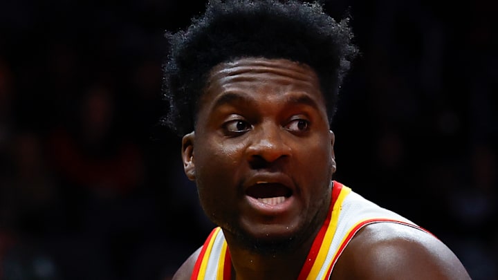Clint Capela #15 of the Atlanta Hawks looks to make a play against the New Orleans Pelicans.