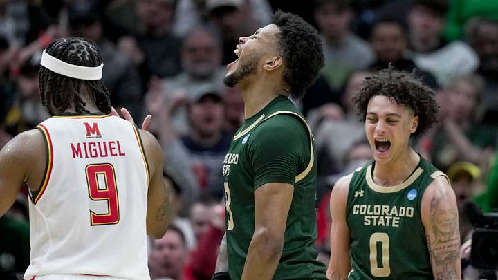 Mar 23, 2025; Seattle, WA, USA; Colorado State Rams forward Jaylen Crocker-Johnson (8) and guard Kyan Evans (0) react after a play against the Maryland Terrapins in the first half at Climate Pledge Arena. Mandatory Credit: Stephen Brashear-Imagn Images Mar 23, 2025; Seattle, WA, USA; Colorado State Rams forward Jaylen Crocker-Johnson (8) and guard Kyan Evans (0) react after a play against the Maryland Terrapins in the first half at Climate Pledge Arena. Mandatory Credit: Stephen Brashear-Imagn Images