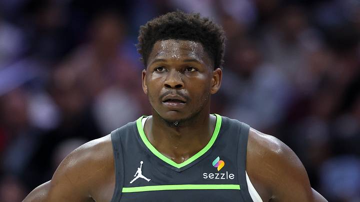 Apr 3, 2026; Philadelphia, Pennsylvania, USA; Minnesota Timberwolves guard Anthony Edwards (5) looks on during the first quarter against the Philadelphia 76ers at Xfinity Mobile Arena. Mandatory Credit: Bill Streicher-Imagn Images