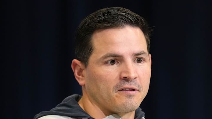 Seattle Seahawks coach Mike Macdonald speaks during the NFL Scouting Combine.