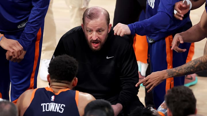 Apr 21, 2025; New York, New York, USA; New York Knicks head coach Tom Thibodeau speaks to his team on the bench during a time out during the fourth quarter of game two of the first round of the 2024 NBA Playoffs against the Detroit Pistons at Madison Square Garden. Mandatory Credit: Brad Penner-Imagn Images