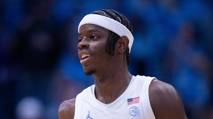 Dec 22, 2025; Chapel Hill, North Carolina, USA; North Carolina Tar Heels forward Caleb Wilson (8) runs back against the East Carolina Pirates during the first half at Dean E. Smith Center. Mandatory Credit: Scott Kinser-Imagn Images