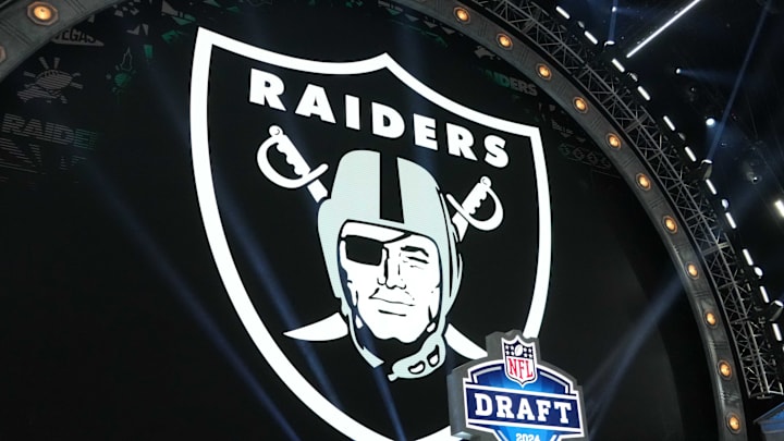 Apr 25, 2024; Detroit, MI, USA; A Las Vegas Raiders logo at the 2024 NFL Draft at Campus Martius Park and Hart Plaza. Mandatory Credit: Kirby Lee-Imagn Images Apr 25, 2024; Detroit, MI, USA; A Las Vegas Raiders logo at the 2024 NFL Draft at Campus Martius Park and Hart Plaza. Mandatory Credit: Kirby Lee-Imagn Images
