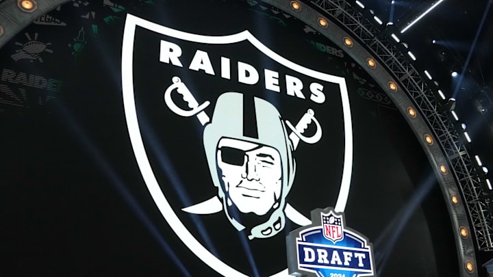 Apr 25, 2024; Detroit, MI, USA; A Las Vegas Raiders logo at the 2024 NFL Draft at Campus Martius Park and Hart Plaza. Mandatory Credit: Kirby Lee-Imagn Images