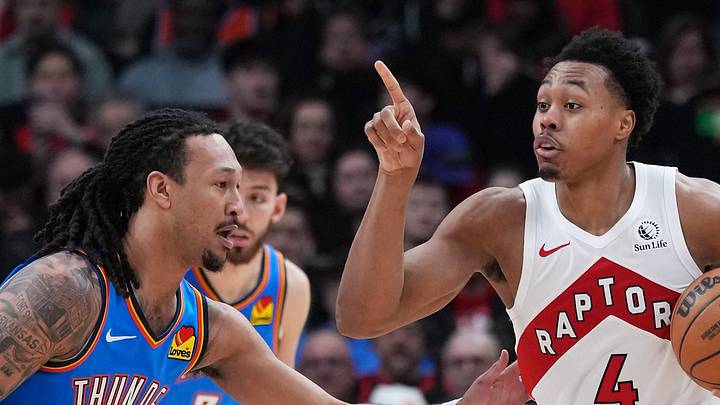 Toronto Raptors forward Scottie Barnes controls the ball against Oklahoma City Thunder forward Jaylin Williams. Toronto Raptors forward Scottie Barnes controls the ball against Oklahoma City Thunder forward Jaylin Williams.
