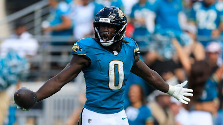 Jacksonville Jaguars linebacker Devin Lloyd (0) reacts to his fumble recovery during the fourth quarter of an NFL football matchup at EverBank Stadium, Sunday, Sept. 21, 2025, in Jacksonville, Fla. The Jaguars defeated the Texans 17-10.